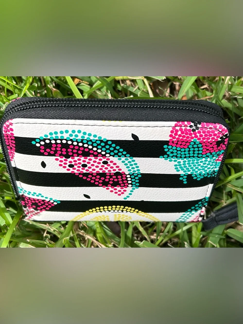 Bright Floral Stripe Wallet - Black/White with Pink & Teal Accents